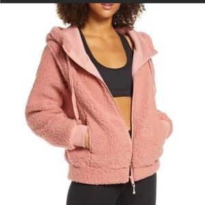 Zella Hooded Sherpa Zip Up Jacket in Dusty Pink
